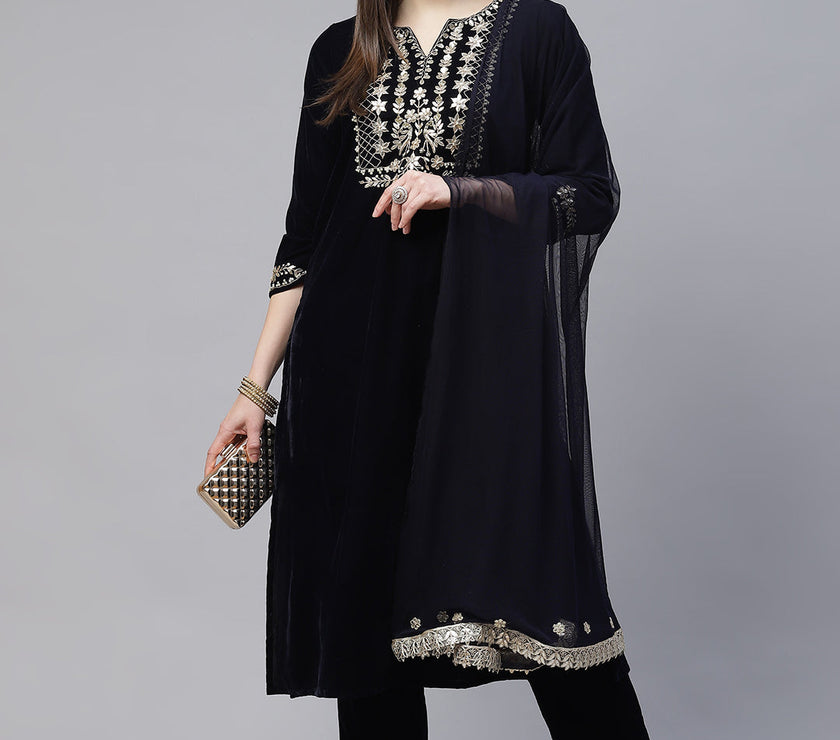 Divena Royal Navy Blue Velvet Zardozi work Embroidered Kurta Pant With Net Dupatta set