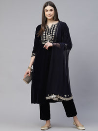 Divena Royal Navy Blue Velvet Zardozi work Embroidered Kurta Pant With Net Dupatta set