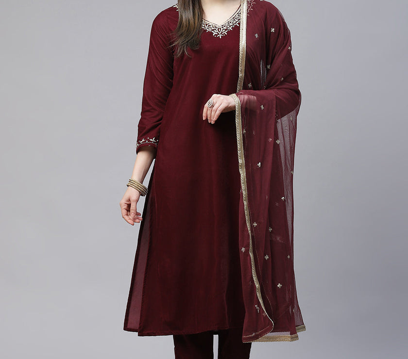 Divena Maroon Velvet hand work Kurta pant With Net Dupatta set