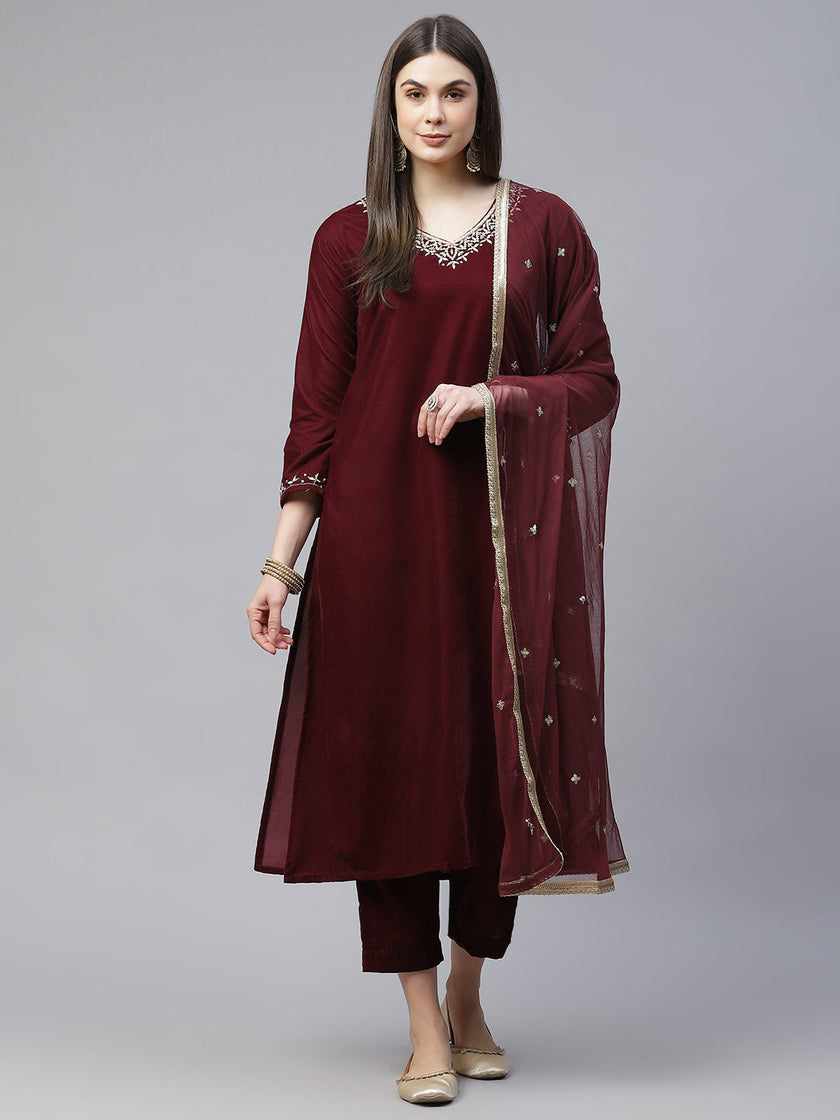 Divena Maroon Velvet hand work Kurta pant With Net Dupatta set