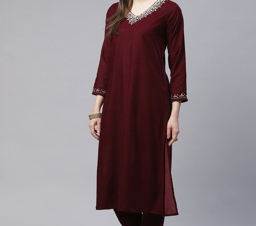 Divena Maroon Velvet hand work Kurta pant With Net Dupatta set