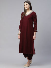 Divena Maroon Velvet hand work Kurta pant With Net Dupatta set