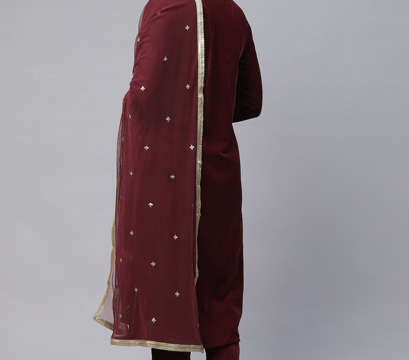 Divena Maroon Velvet hand work Kurta pant With Net Dupatta set