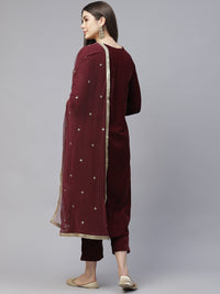 Divena Maroon Velvet hand work Kurta pant With Net Dupatta set