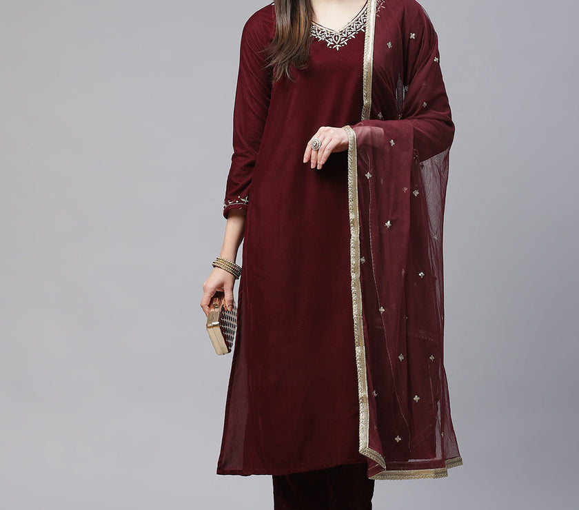 Divena Maroon Velvet hand work Kurta pant With Net Dupatta set