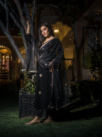 Divena Black Velvet hand work Kurta pant With Net Dupatta set - divenaworld.com