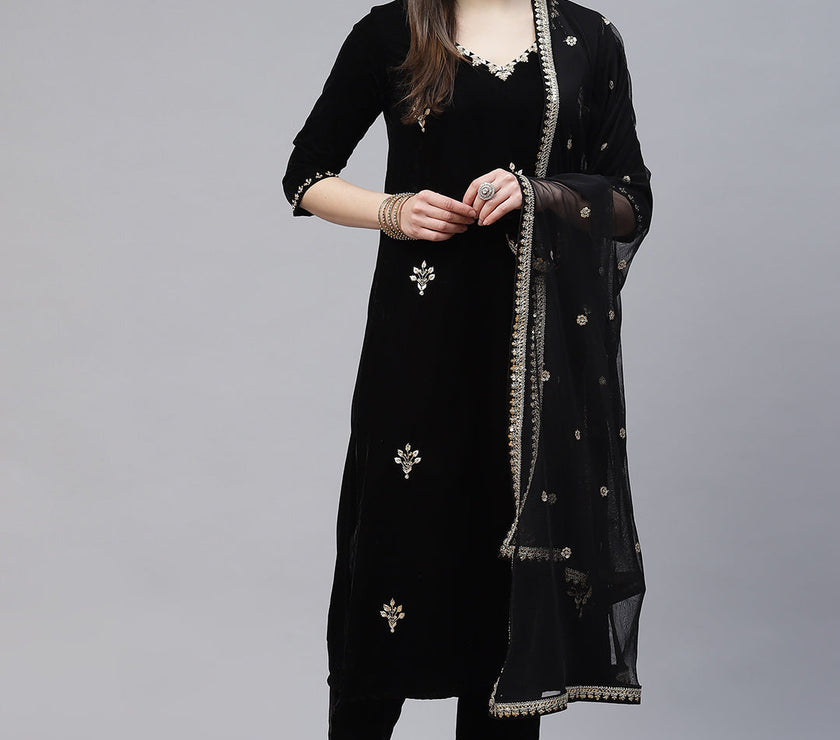 Divena Black Velvet hand work Kurta pant With Net Dupatta set