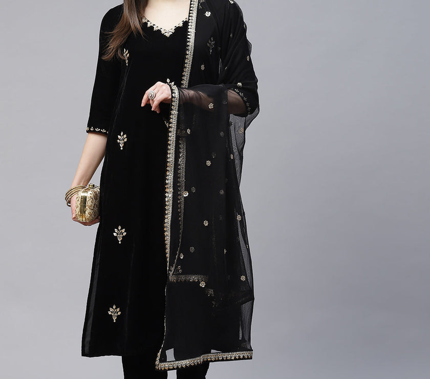 Divena Black Velvet hand work Kurta pant With Net Dupatta set