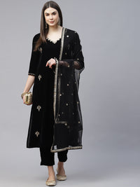 Divena Black Velvet hand work Kurta pant With Net Dupatta set