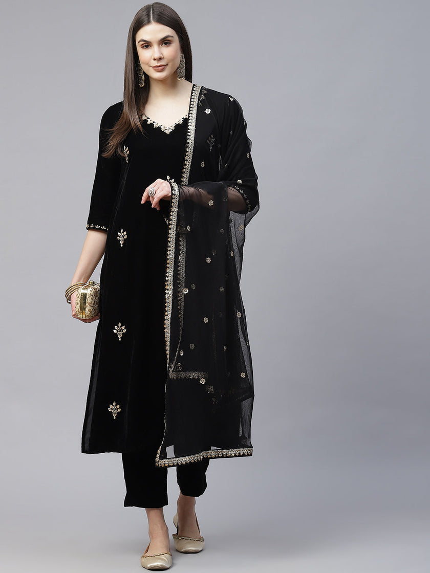 Divena Black Velvet hand work Kurta pant With Net Dupatta set