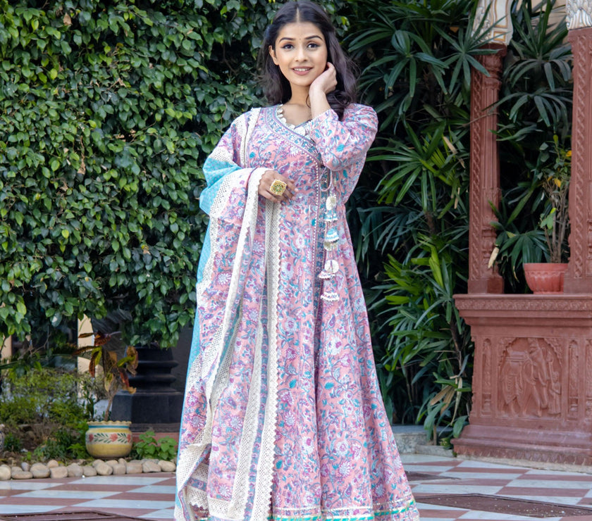 Divena Pink Cotton Floral printed Anarkali kurta Pant set With Dupatta - divenaworld.com