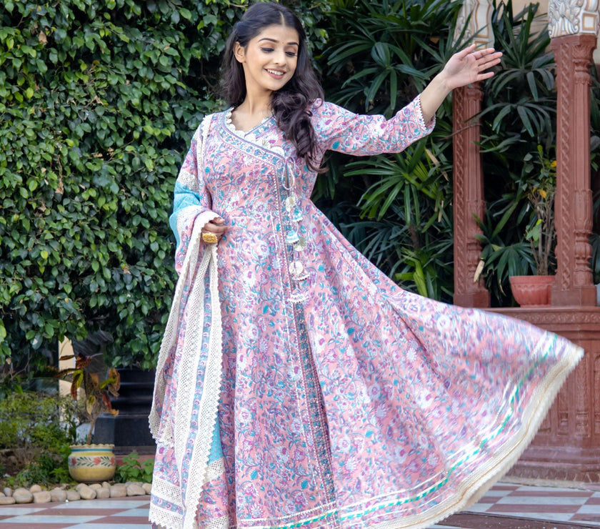 Divena Pink Cotton Floral printed Anarkali kurta Pant set With Dupatta - divenaworld.com