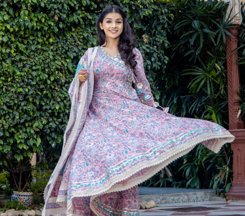 Divena Pink Cotton Floral printed Anarkali kurta Pant set With Dupatta - divenaworld.com