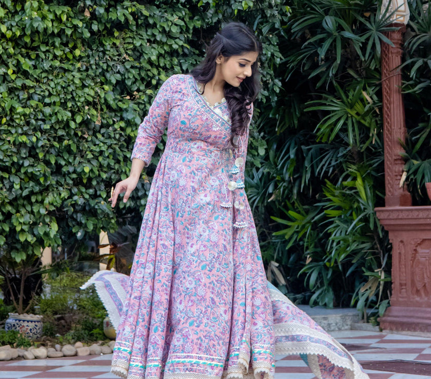 Divena Pink Cotton Floral printed Anarkali kurta Pant set With Dupatta - divenaworld.com