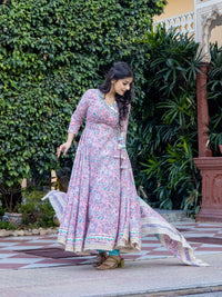 Divena Pink Cotton Floral printed Anarkali kurta Pant set With Dupatta - divenaworld.com