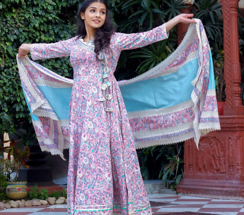 Divena Pink Cotton Floral printed Anarkali kurta Pant set With Dupatta - divenaworld.com