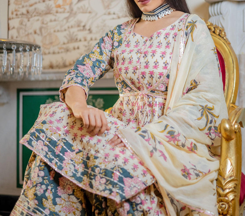 Divena Cream Floral Printed Kurta Sharara With Dupatta Set - divenaworld.com