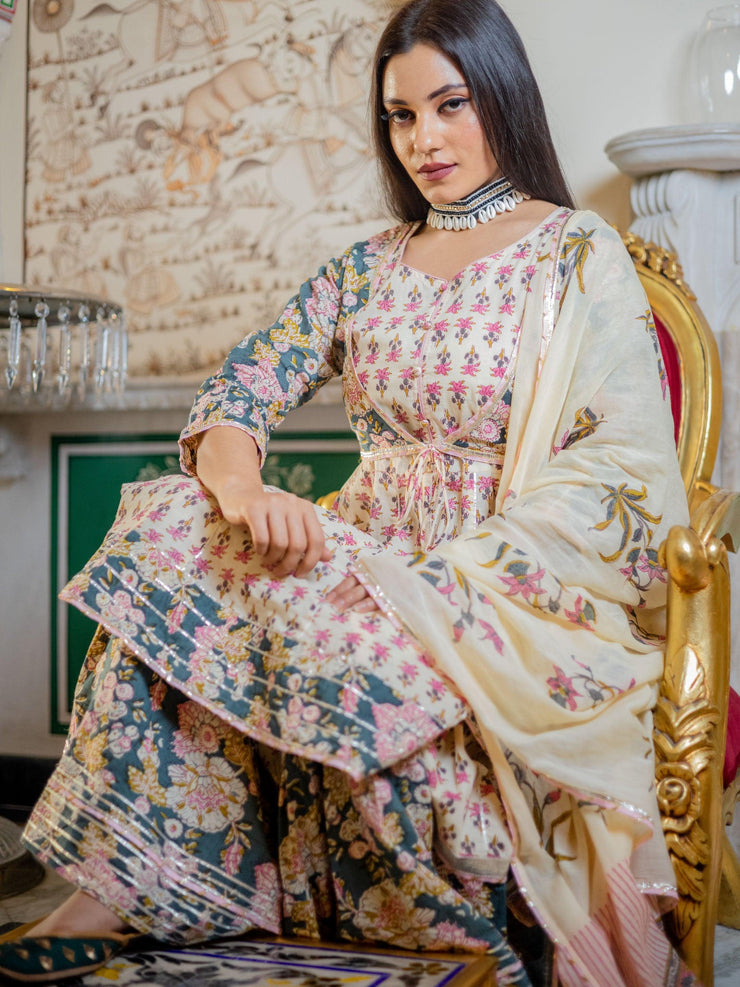 Divena Cream Floral Printed Kurta Sharara With Dupatta Set - divenaworld.com