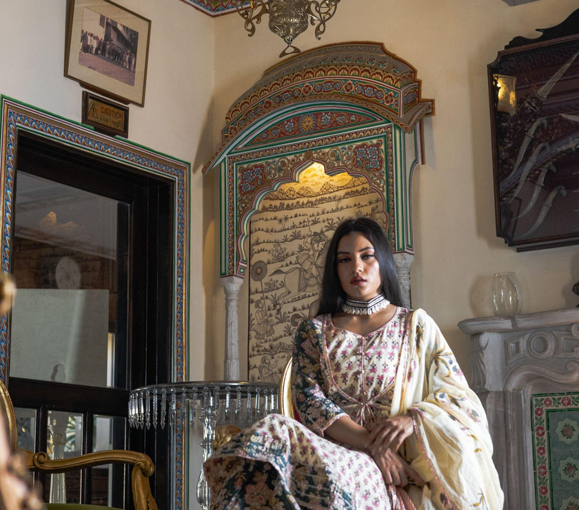 Divena Cream Floral Printed Kurta Sharara With Dupatta Set - divenaworld.com