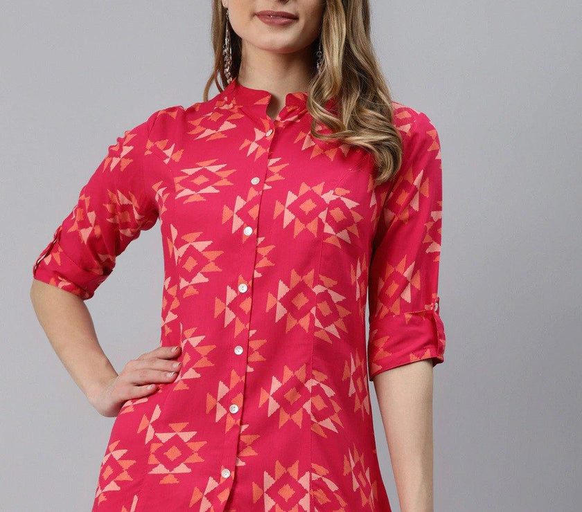 Divena Pink Geometric Print Rayon Shirt Style Top - divena world