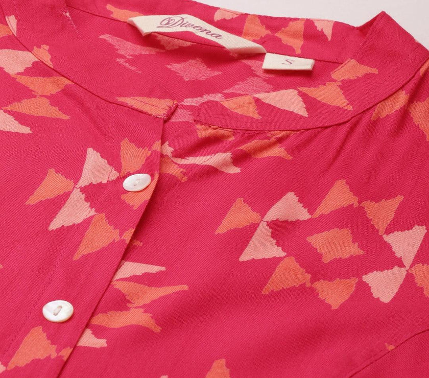 Divena Pink Geometric Print Rayon Shirt Style Top - divena world