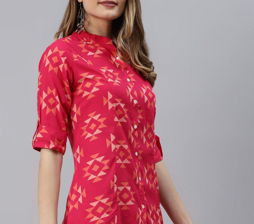 Divena Pink Geometric Print Rayon Shirt Style Top - divena world