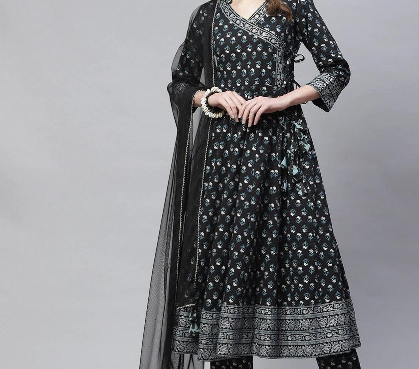 Divena Black Anarkali Kurta Pant set with Net Dupatta - divena world