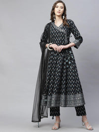 Divena Black Anarkali Kurta Pant set with Net Dupatta - divena world