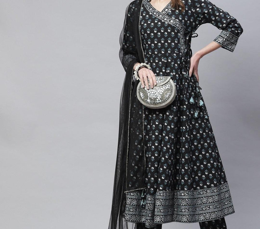 Divena Black Anarkali Kurta Pant set with Net Dupatta - divena world