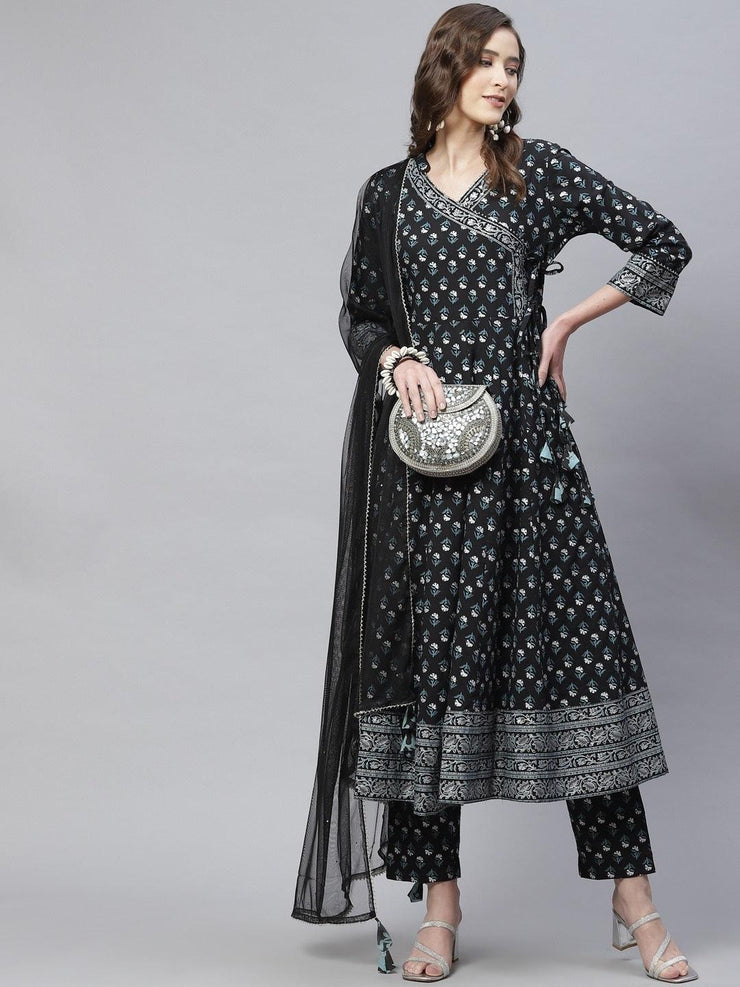 Divena Black Anarkali Kurta Pant set with Net Dupatta - divena world