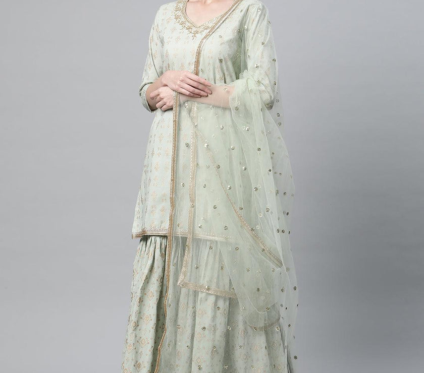 Divena Sea Green Golden Printed Kurta Sharara set with Dupatta - divena world