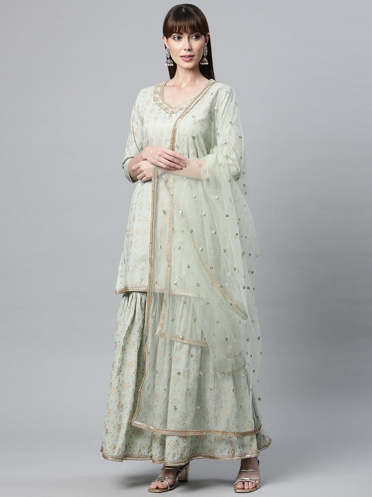 Divena Sea Green Golden Printed Kurta Sharara set with Dupatta - divena world