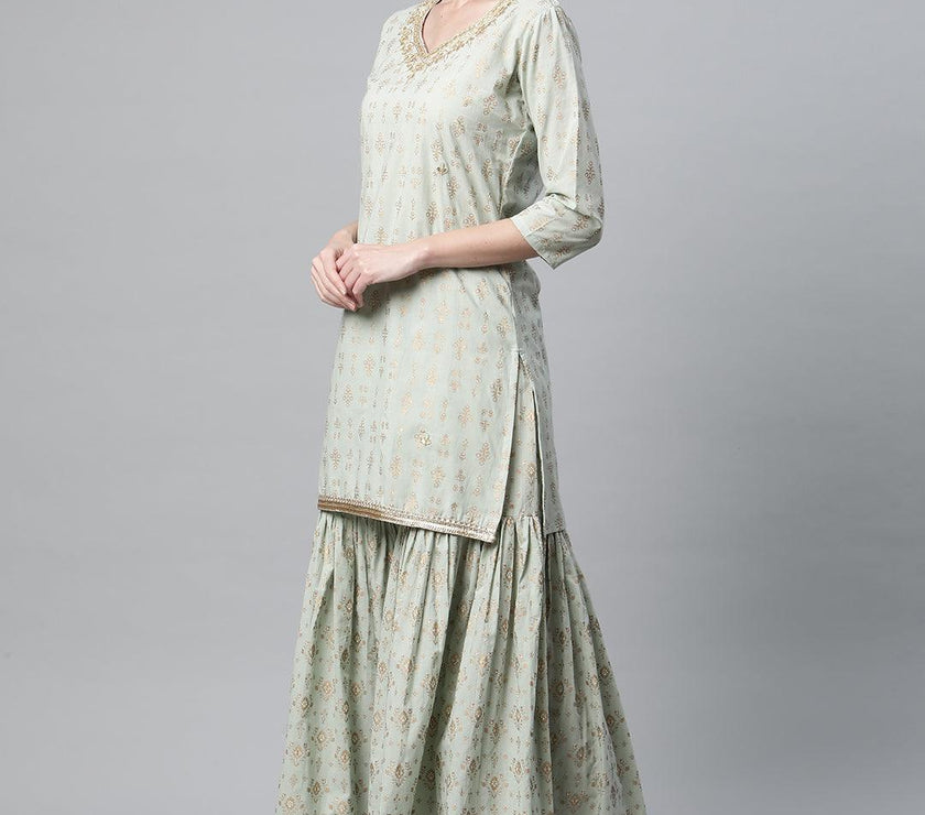 Divena Sea Green Golden Printed Kurta Sharara set with Dupatta - divena world