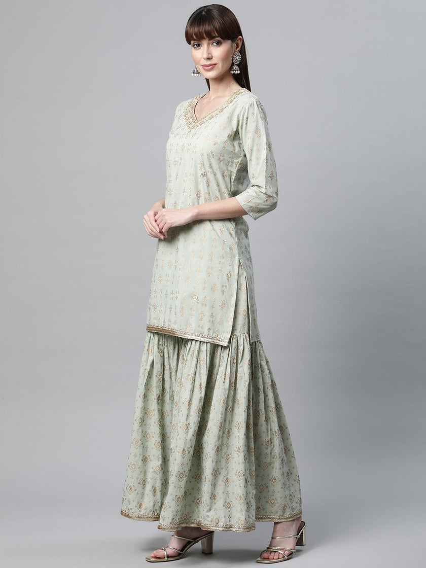 Divena Sea Green Golden Printed Kurta Sharara set with Dupatta - divena world