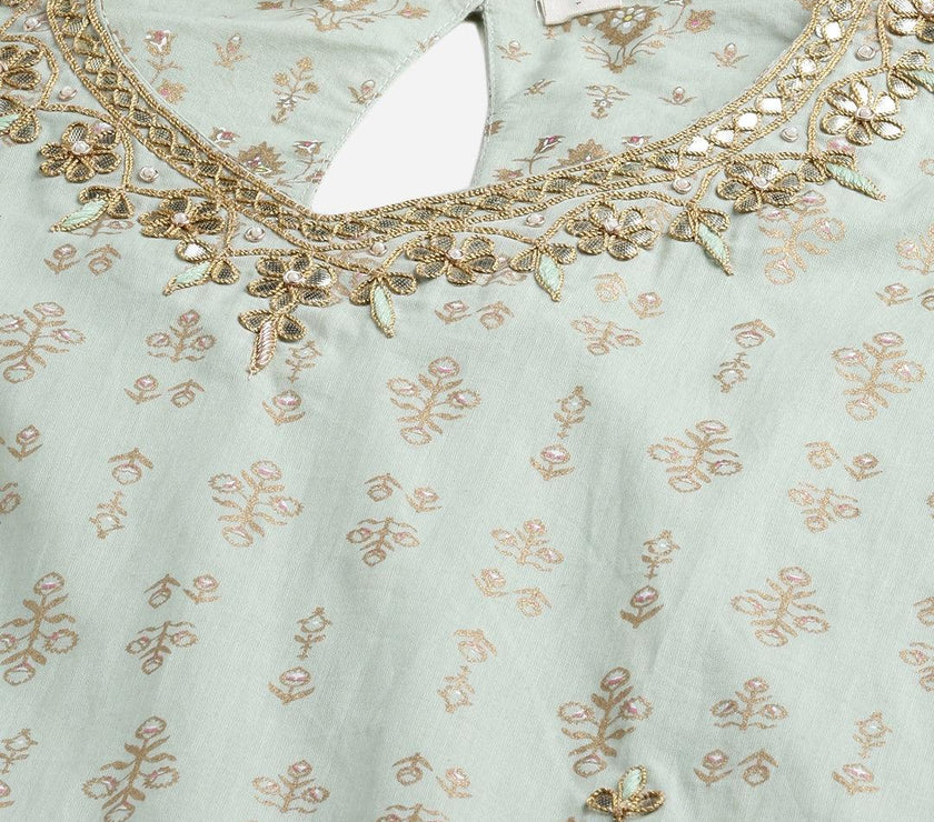 Divena Sea Green Golden Printed Kurta Sharara set with Dupatta - divena world