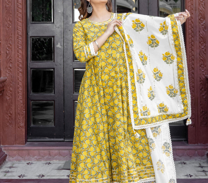 Divena Mustard Cotton Anarkali Kurta Pant Set With Dupatta - divena world