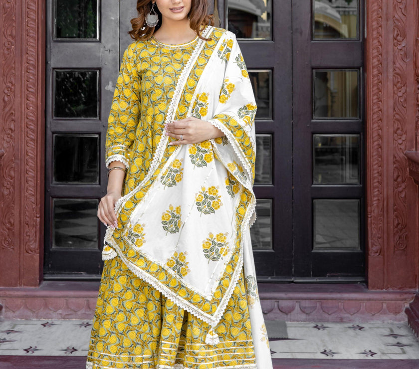 Divena Mustard Cotton Anarkali Kurta Pant Set With Dupatta - divena world