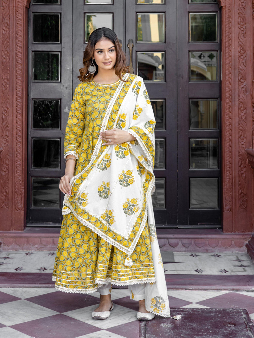 Divena Mustard Cotton Anarkali Kurta Pant Set With Dupatta - divena world