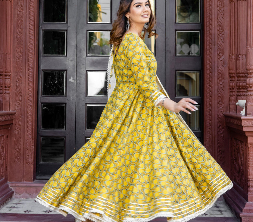 Divena Mustard Cotton Anarkali Kurta Pant Set With Dupatta - divena world