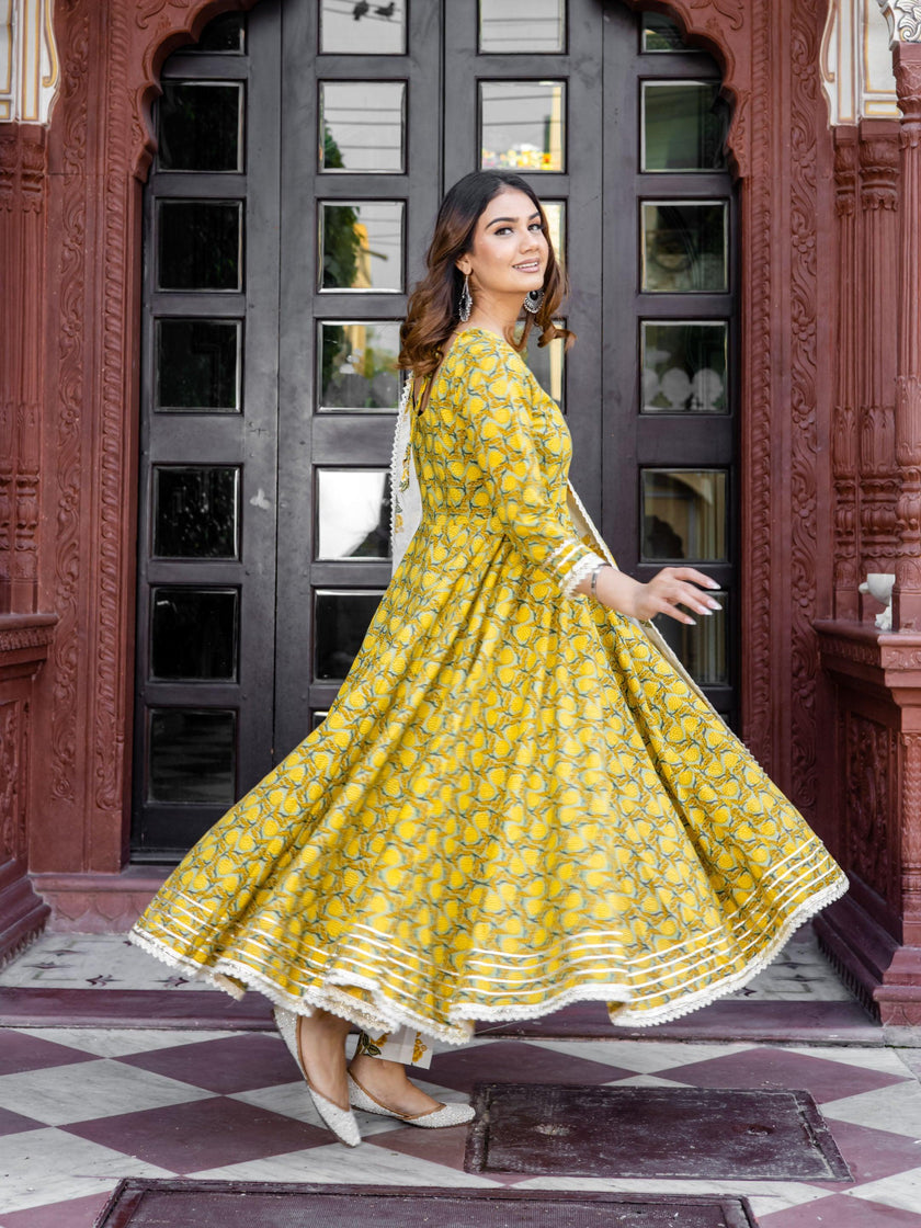 Divena Mustard Cotton Anarkali Kurta Pant Set With Dupatta - divena world