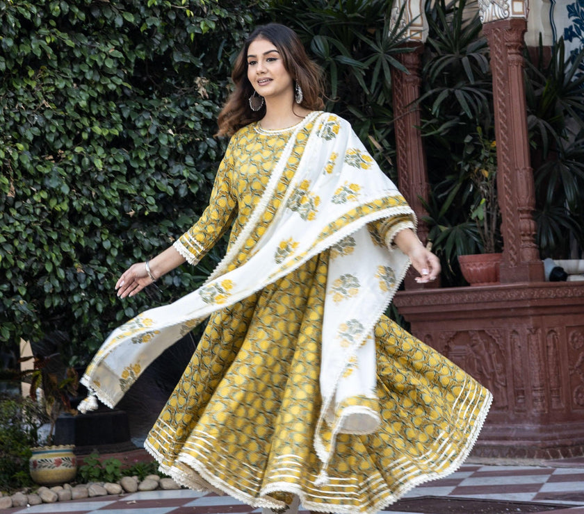 Divena Mustard Cotton Anarkali Kurta Pant Set With Dupatta - divena world