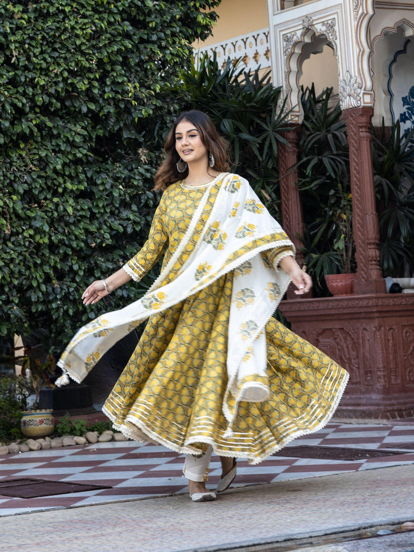 Divena Mustard Cotton Anarkali Kurta Pant Set With Dupatta - divena world