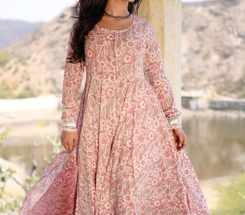 Divena Baby Pink Cotton Anarkali Kurta Pant Set With Dupatta - divenaworld.com