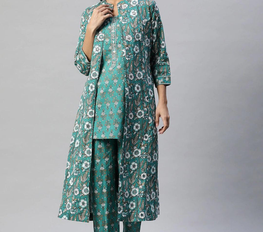 Divena Green Cotton Floral Printed Three Piece Indowestern Kurta Pant Set with Jacket - divena world