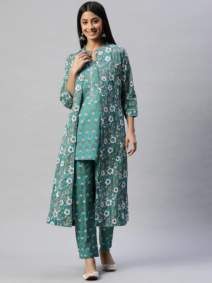 Divena Green Cotton Floral Printed Three Piece Indowestern Kurta Pant Set with Jacket - divena world