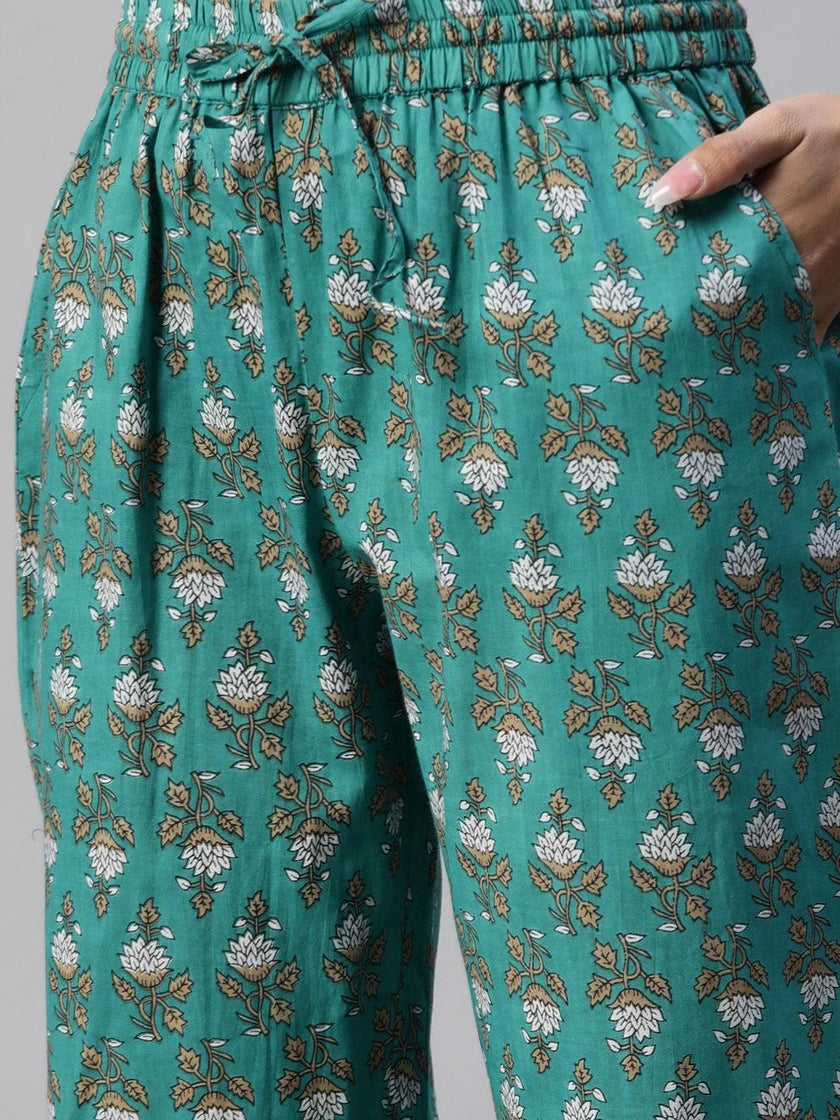 Divena Green Cotton Floral Printed Three Piece Indowestern Kurta Pant Set with Jacket - divena world