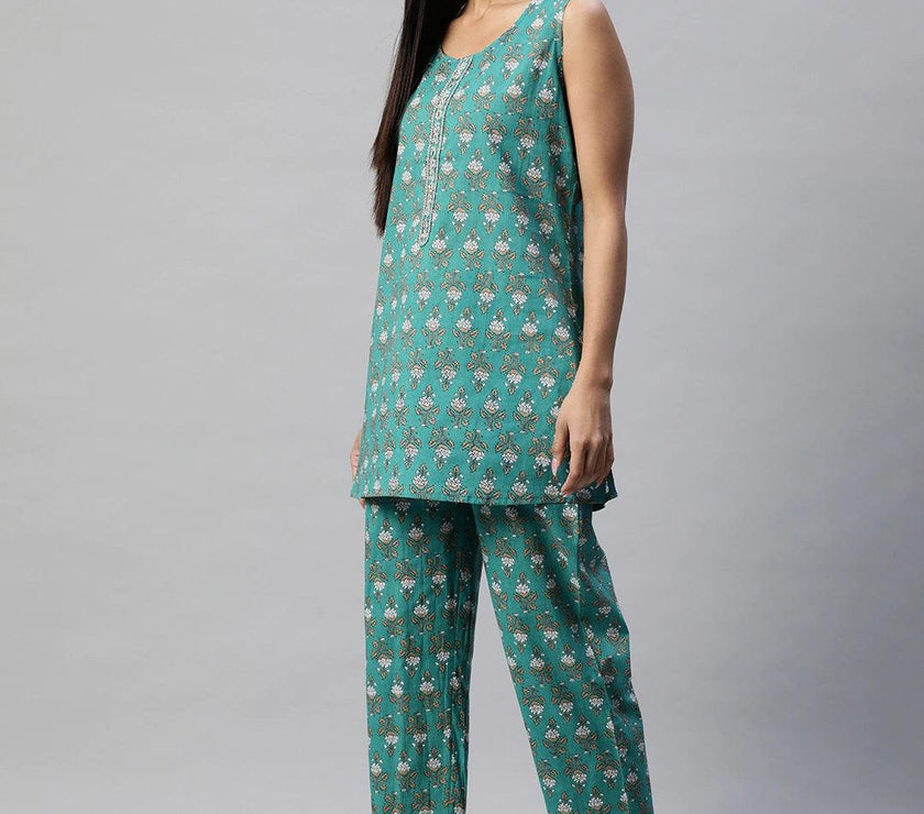 Divena Green Cotton Floral Printed Three Piece Indowestern Kurta Pant Set with Jacket - divena world