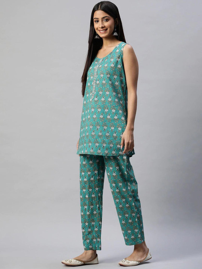 Divena Green Cotton Floral Printed Three Piece Indowestern Kurta Pant Set with Jacket - divena world