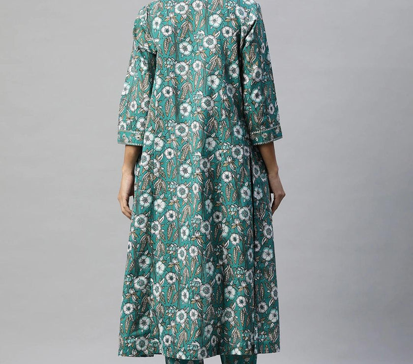 Divena Green Cotton Floral Printed Three Piece Indowestern Kurta Pant Set with Jacket - divena world