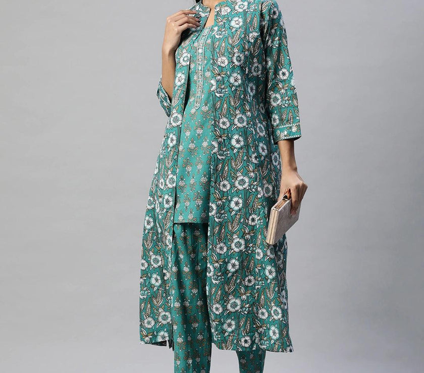 Divena Green Cotton Floral Printed Three Piece Indowestern Kurta Pant Set with Jacket - divena world